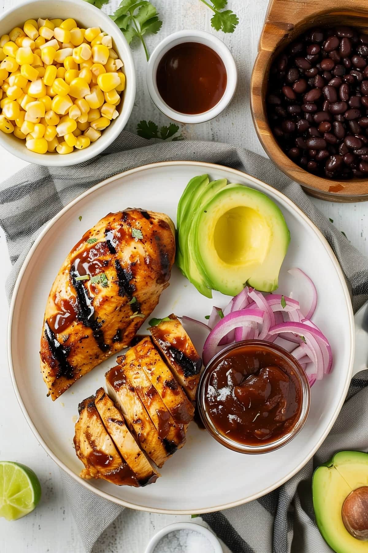 BBQ Chicken Salad Ingredients: Corn, Black Beans, Avocadoes, Onions and Sauce
