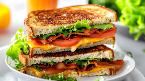 Grilled Cheese BLT sandwich, sliced in half served on a white plate.