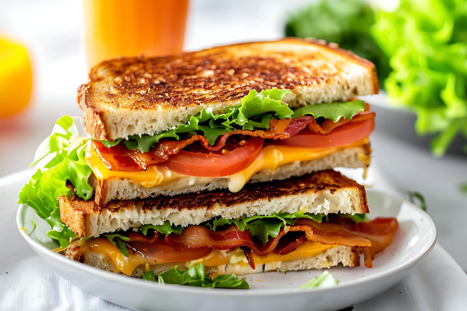 Grilled Cheese BLT sandwich, sliced in half served on a white plate.