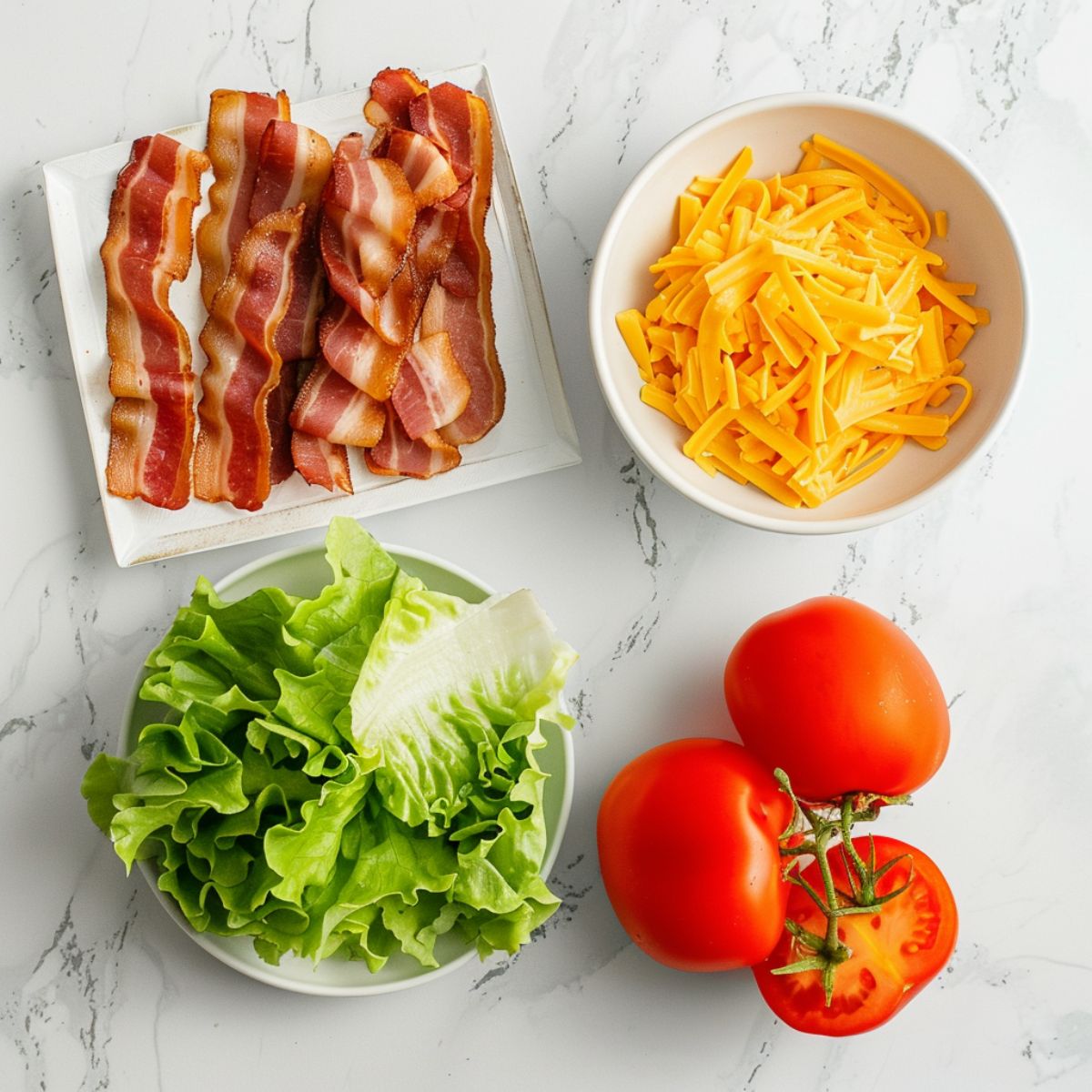 Bacon, lettuce, cheese and tomato on a white marble table.