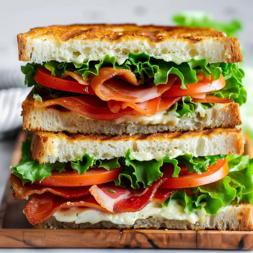 Delicious BLT sandwich, featuring thick-cut bacon, iceberg lettuce, and juicy tomato slices cut in half on a chopping board