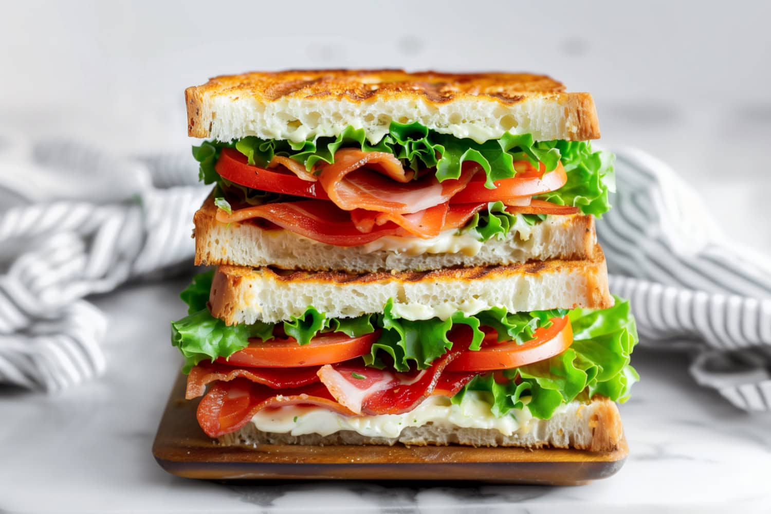 Mouthwatering BLT sandwich, showcasing bacon, lettuce, and tomato on sourdough toast.