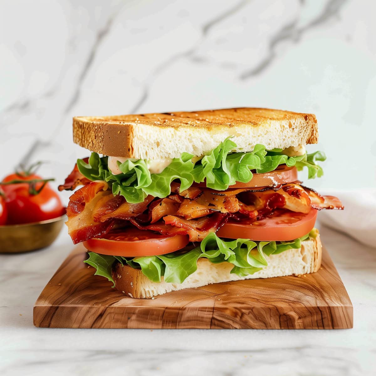 Fresh BLT sandwich, piled high with bacon, green leaf lettuce, and heirloom tomatoes on a wooden board.