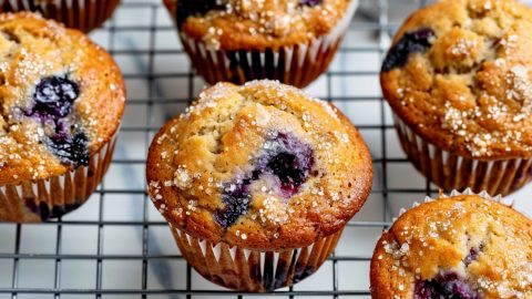 Hearty banana blueberry muffins, topped with a sprinkle of coarse sugar in a cooling rack.