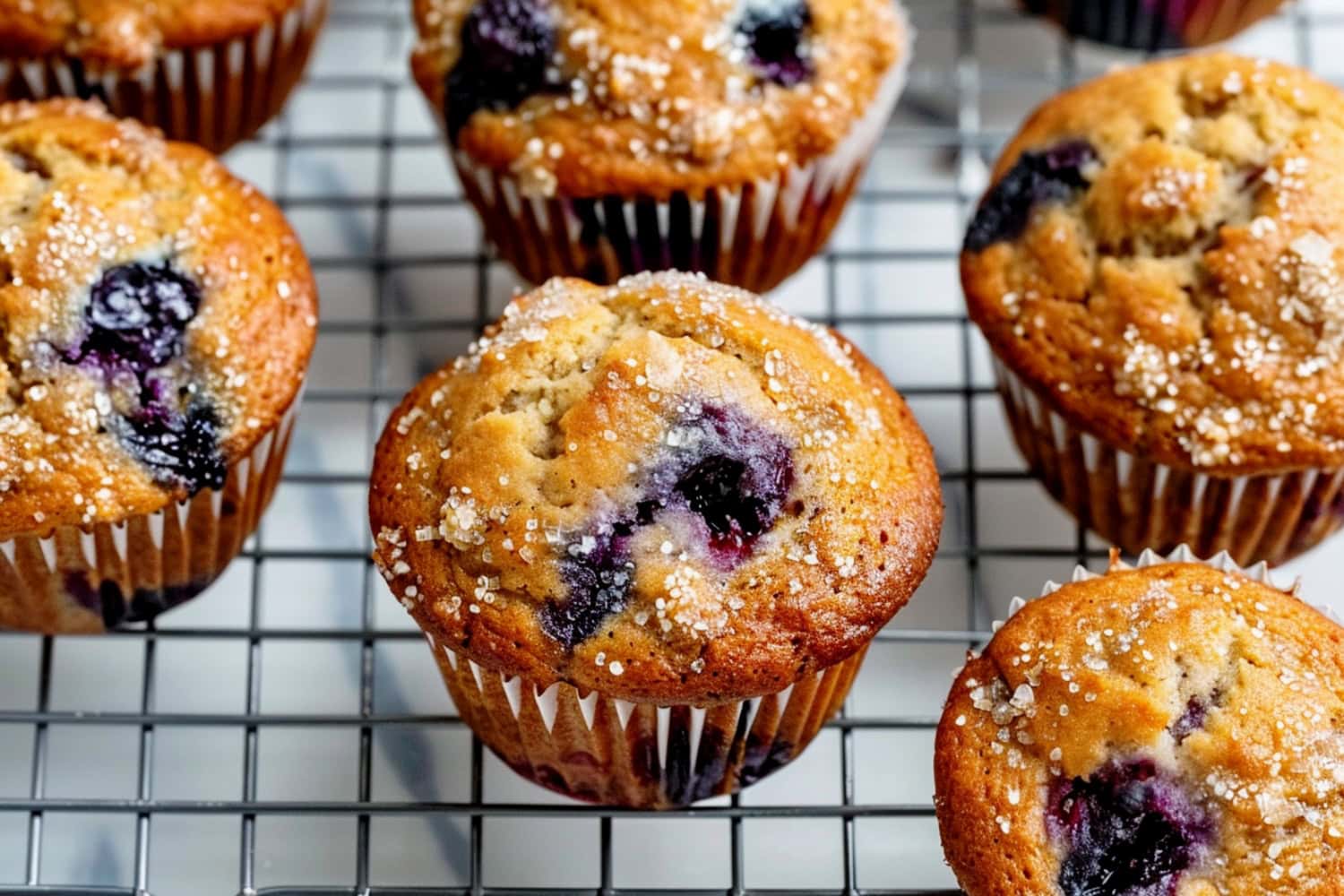 Hearty banana blueberry muffins, topped with a sprinkle of coarse sugar in a cooling rack.