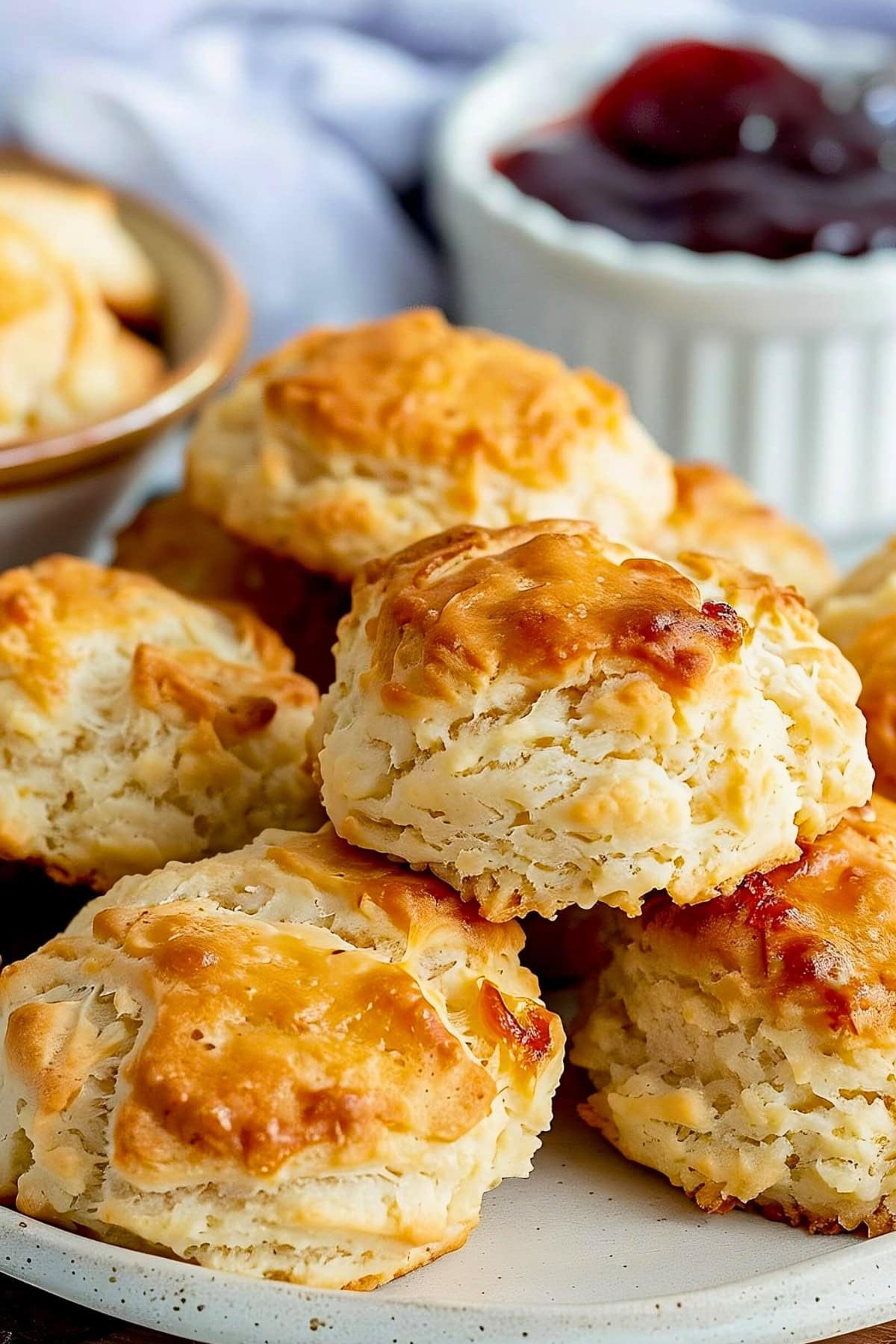 Close Up of Golden, Flaky Bisquick Drop Biscuits on a Plate with a Ramekin of Jam in the Background