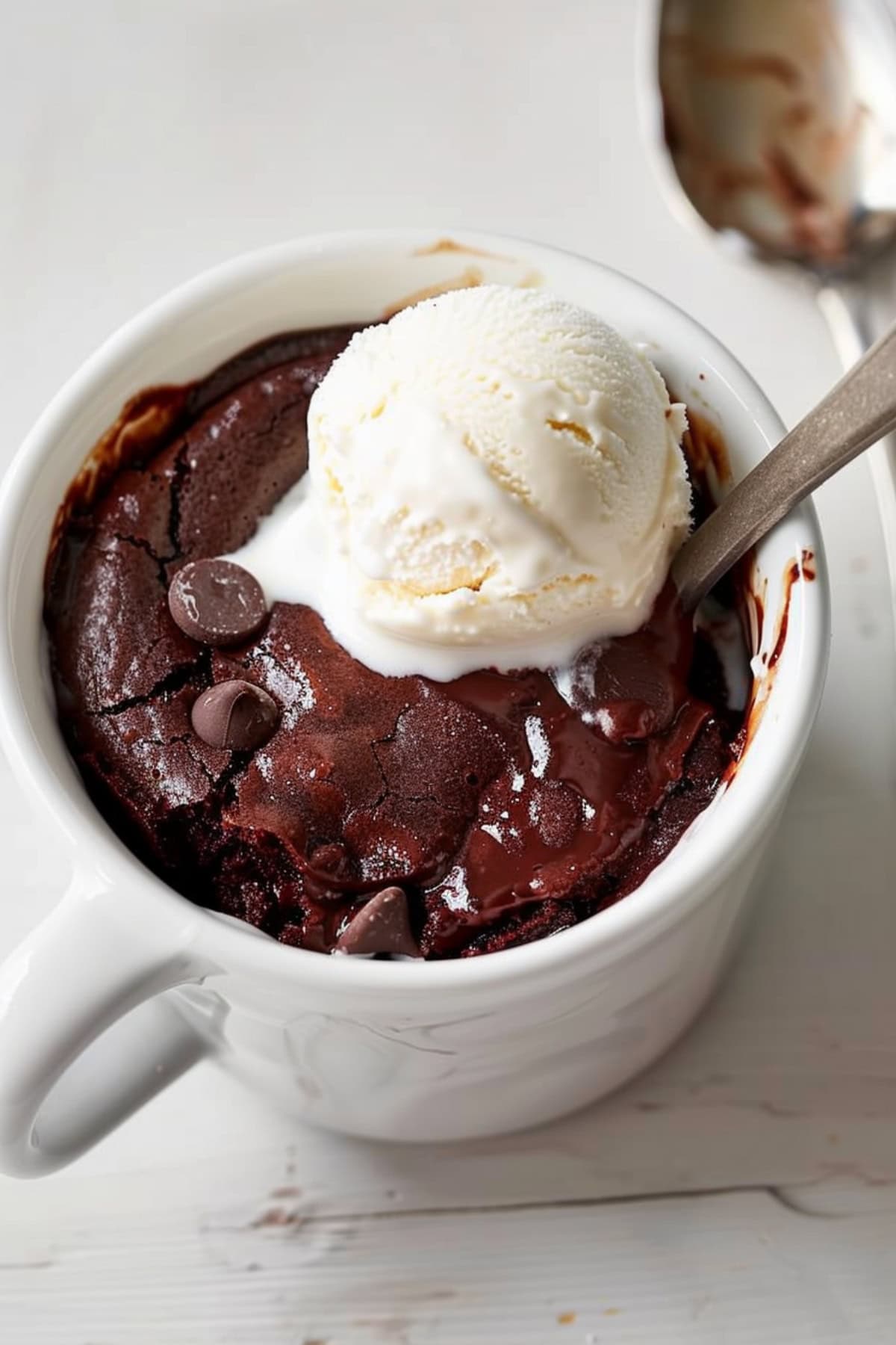 Brownie in a mug topped with vanilla ice cream and chocolate chips.