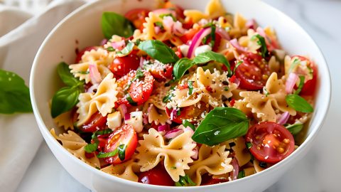 Serving of Bruschetta pasta served in a white bowl.
