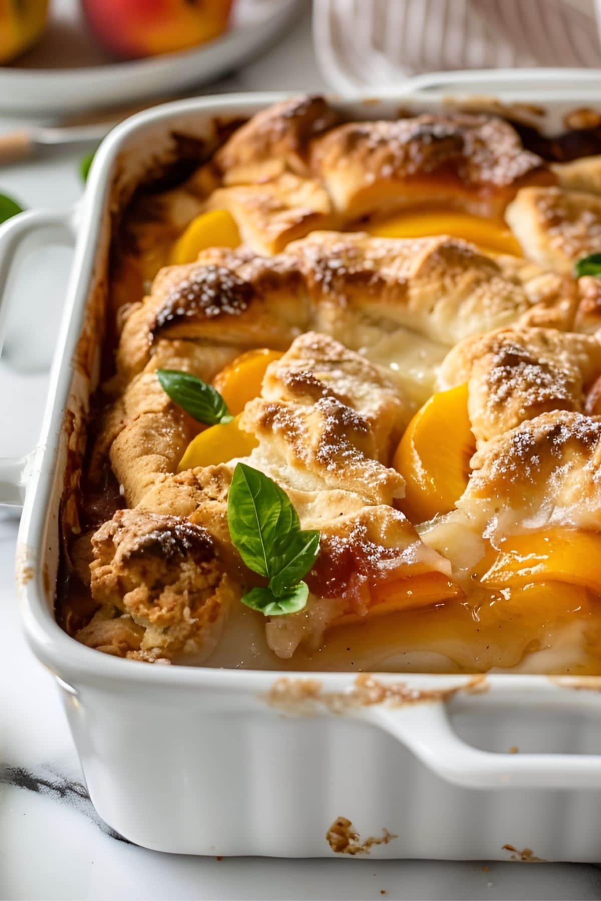 Close Up of Cake Mix Cobbler with Peaches and Mint in a White Casserole Dish