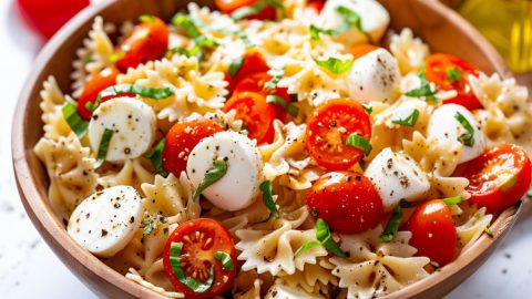 Caprese salad pasta in a wooden bowl with mozarella cheese balls, cooked farfalle pasta, cherry tomatoes in olive oil dressing.