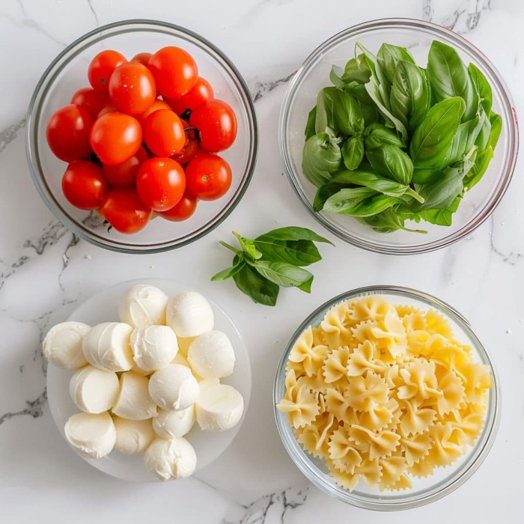 Caprese cheese balls, cherry tomatoes, farfelle pasta and fresh basil leaves in bowls. 