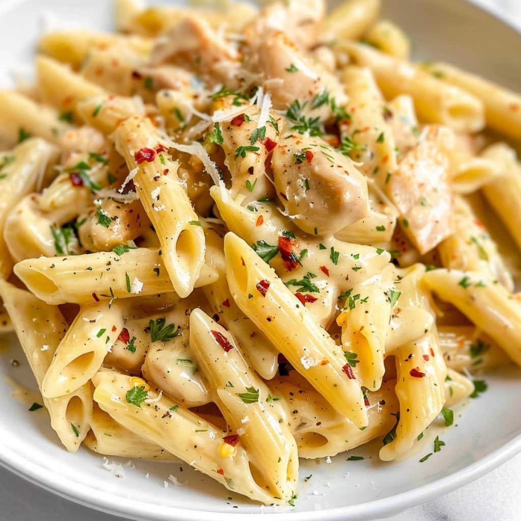 A plate of garlic parmesan chicken pasta, showing the rich, creamy sauce coating the noodles.