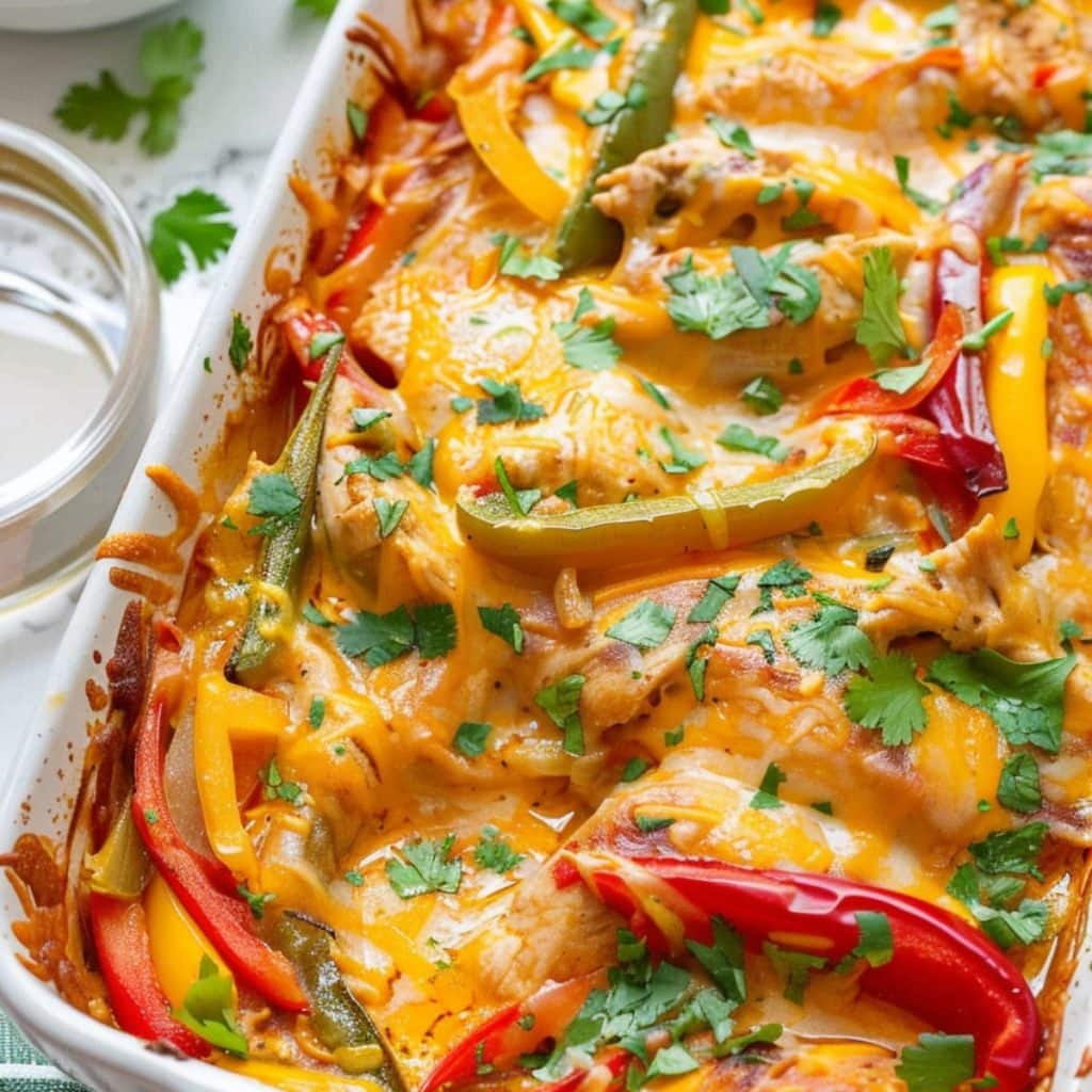 Chicken fajita casserole with red, green and yellow bell pepper topped with melted cheese.