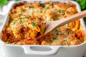 Wooden ladle lifting a serving of cheesy chicken parmesan casserole on a baking dish.