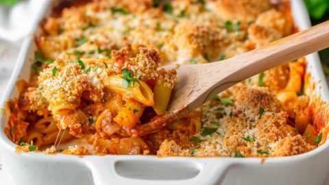 Wooden ladle lifting a serving of cheesy chicken parmesan casserole on a baking dish.