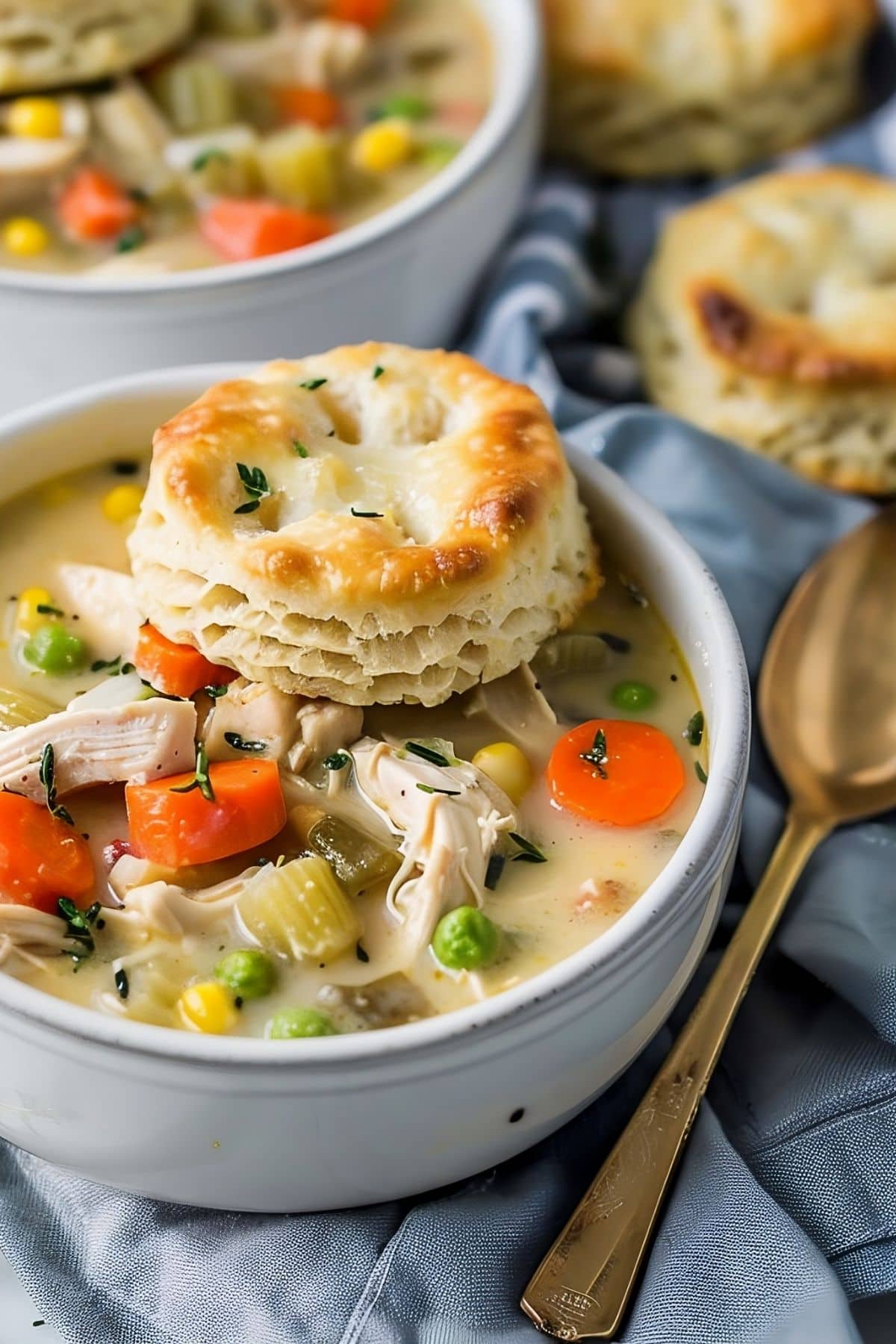 Bowls of Chicken Pot Pie Soup with Chicken, Carrots, Celery, Peas, Onions, and Corn, Served with Biscuits, Spoon to the Side