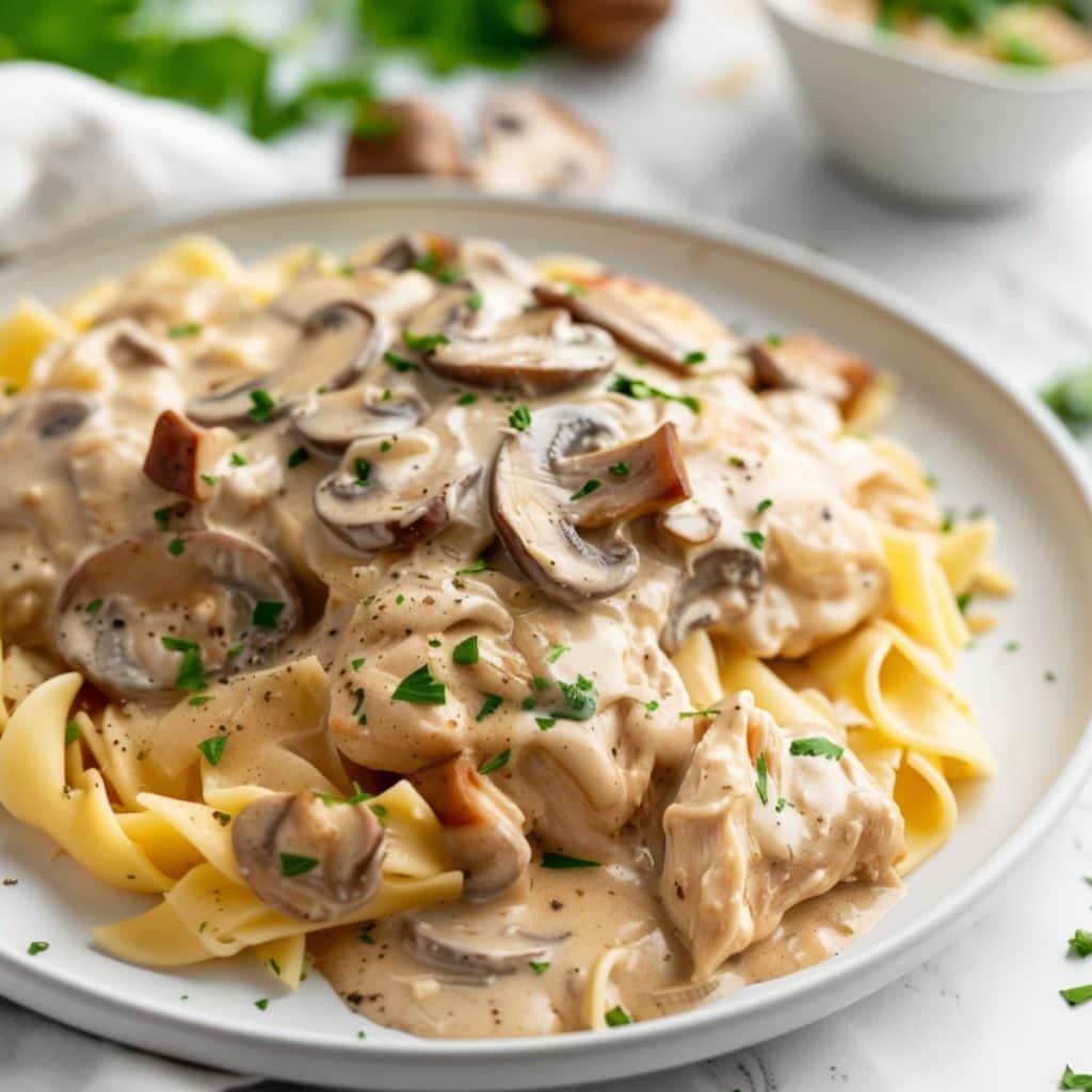 Chicken stroganoff served in a white plate with mushrooms, over egg noodles.