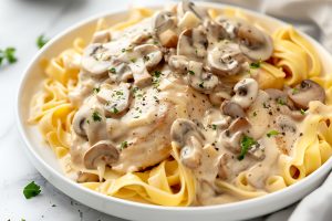 Chicken stroganoff served on top of egg noodles on a white plate.