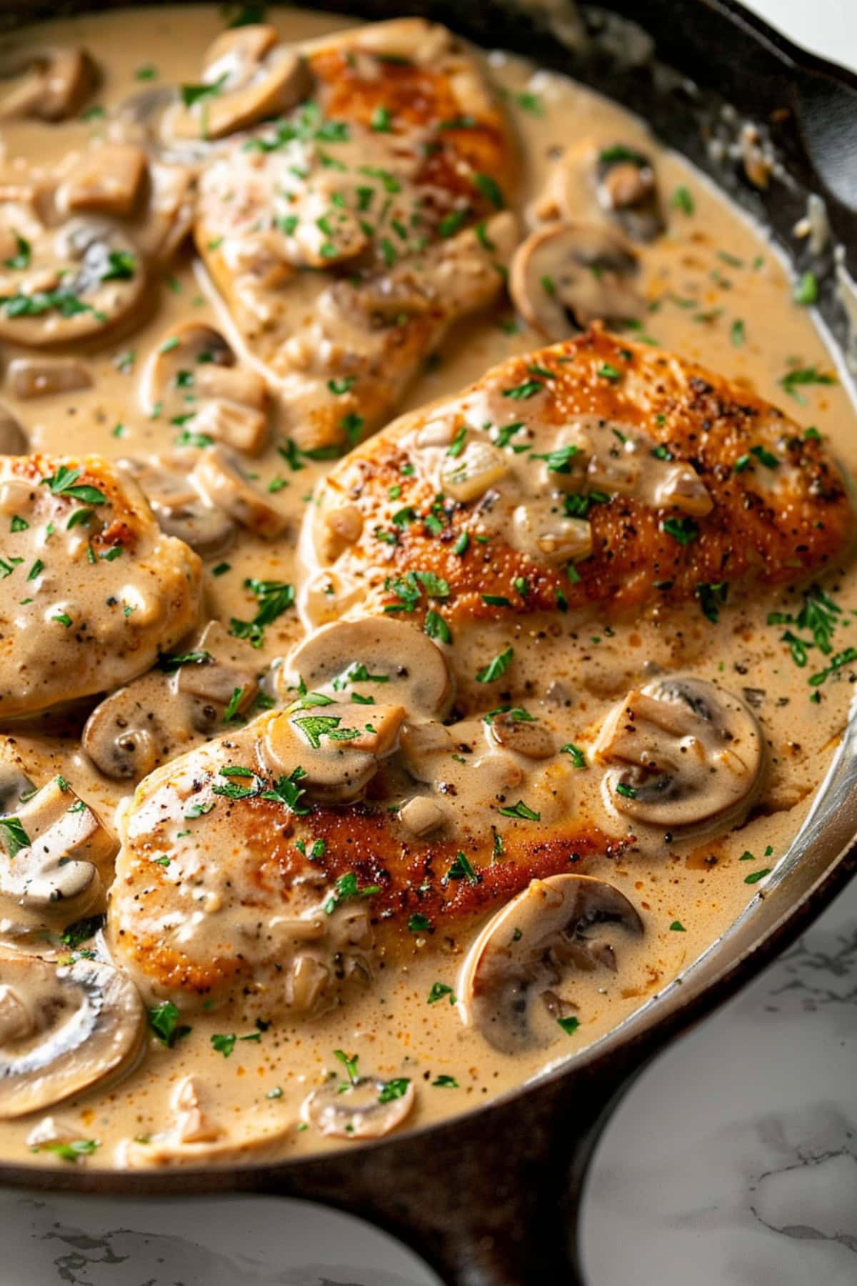 Creamy chicken stroganoff with mushroom cooked in a cast iron skillet.
