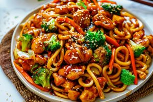 Chicken teriyaki noodles serving in a white plate made with stir-fried veggies, and chewy udon noodles in a sweet and savory teriyaki sauce.