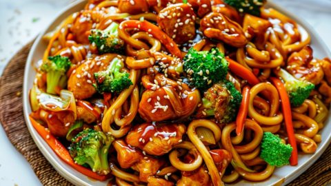 Chicken teriyaki noodles serving in a white plate made with stir-fried veggies, and chewy udon noodles in a sweet and savory teriyaki sauce.