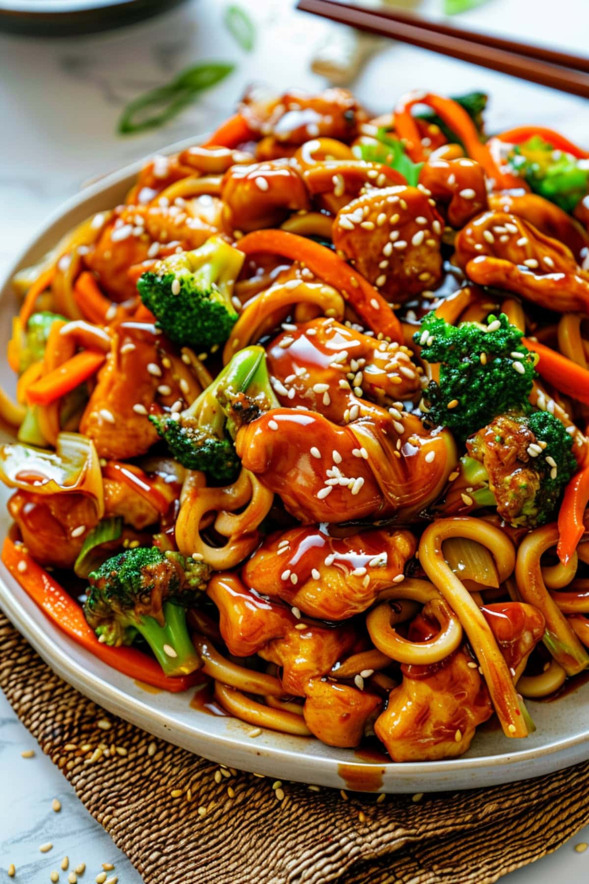 Chicken teriyaki noodles served in a plate garnished with sesame seeds.