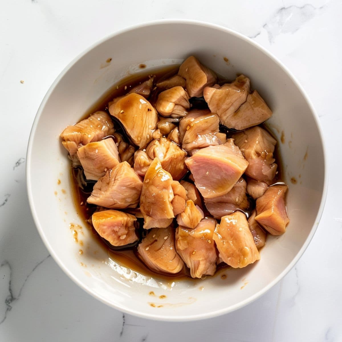 Bite size marinated chicken breast in a white bowl.