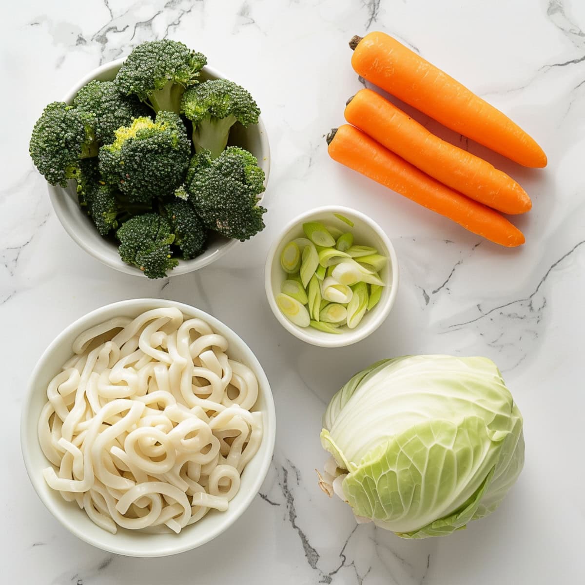 Carrots, broccoli florets, green onions, cabbage and udon noodles.