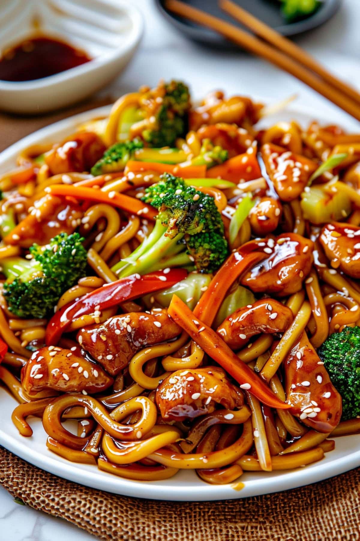 Chicken teriyaki noodles with udon, carrots, broccoli and chicken served on a white plate with chopsticks on the side.