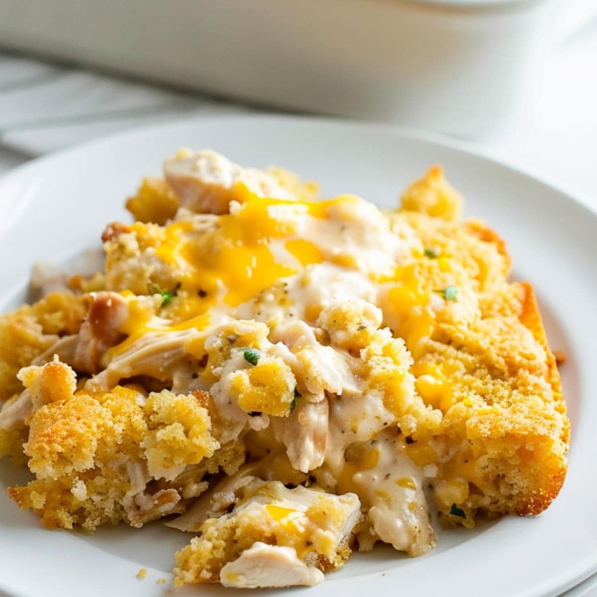 Cheesy and creamy serving of chicken cornbread casserole served on a white plate.