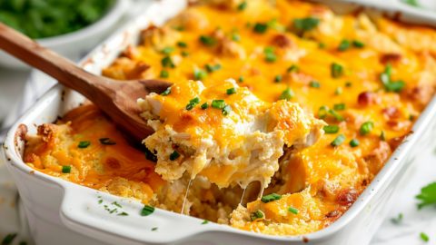 Spoon scooping in a creamy and cheezy casserole.