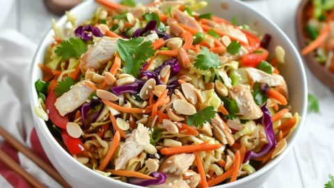 Close-up view of a bowl of Chinese chicken salad.