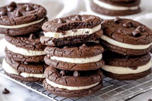 Bunch of vanilla filled chocolate cookies sandwich in a cooling rack.