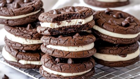 Bunch of vanilla filled chocolate cookies sandwich in a cooling rack.