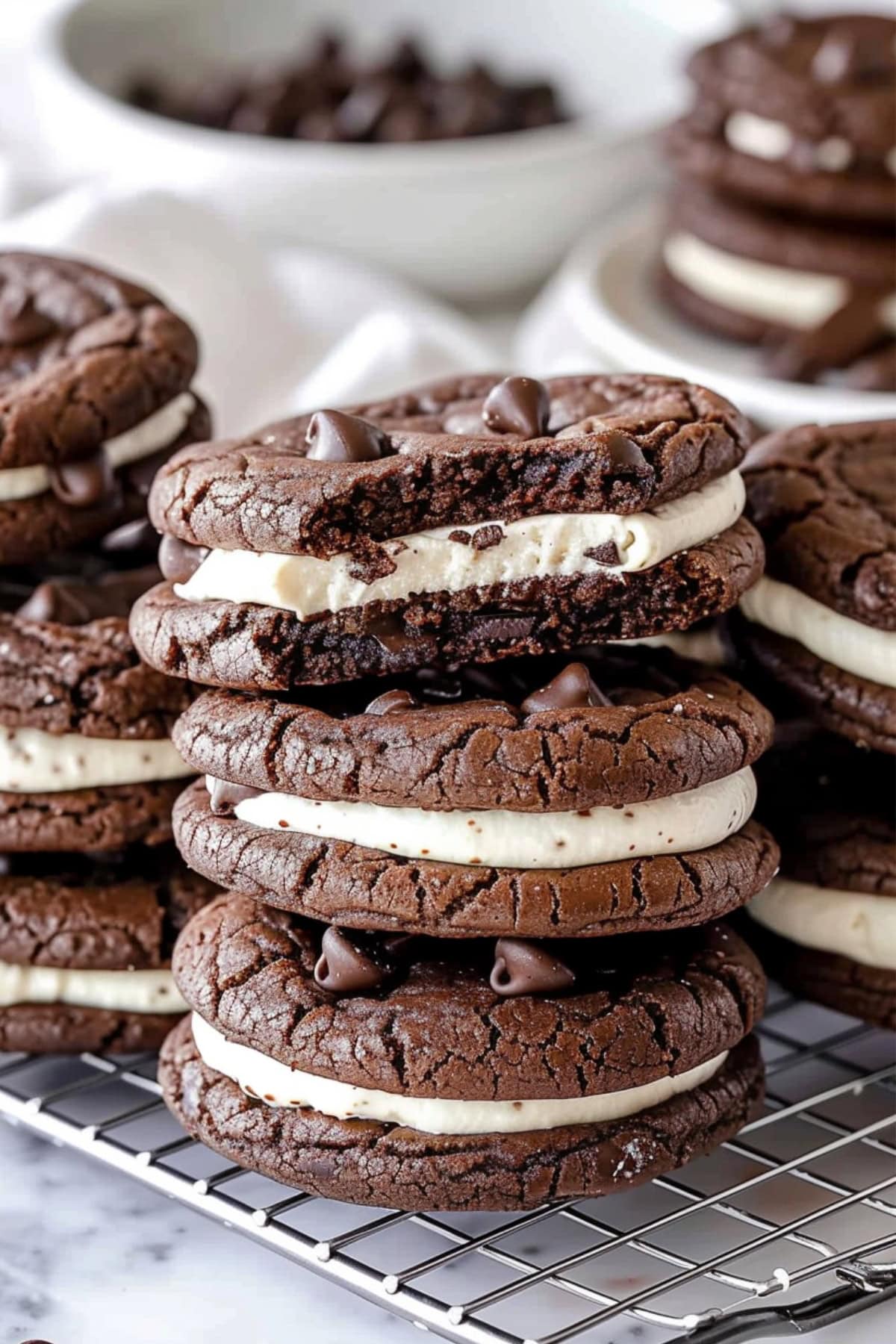 Soft and chewy chocolate sandwich cookies with mini chocolate chips and vanilla filling.