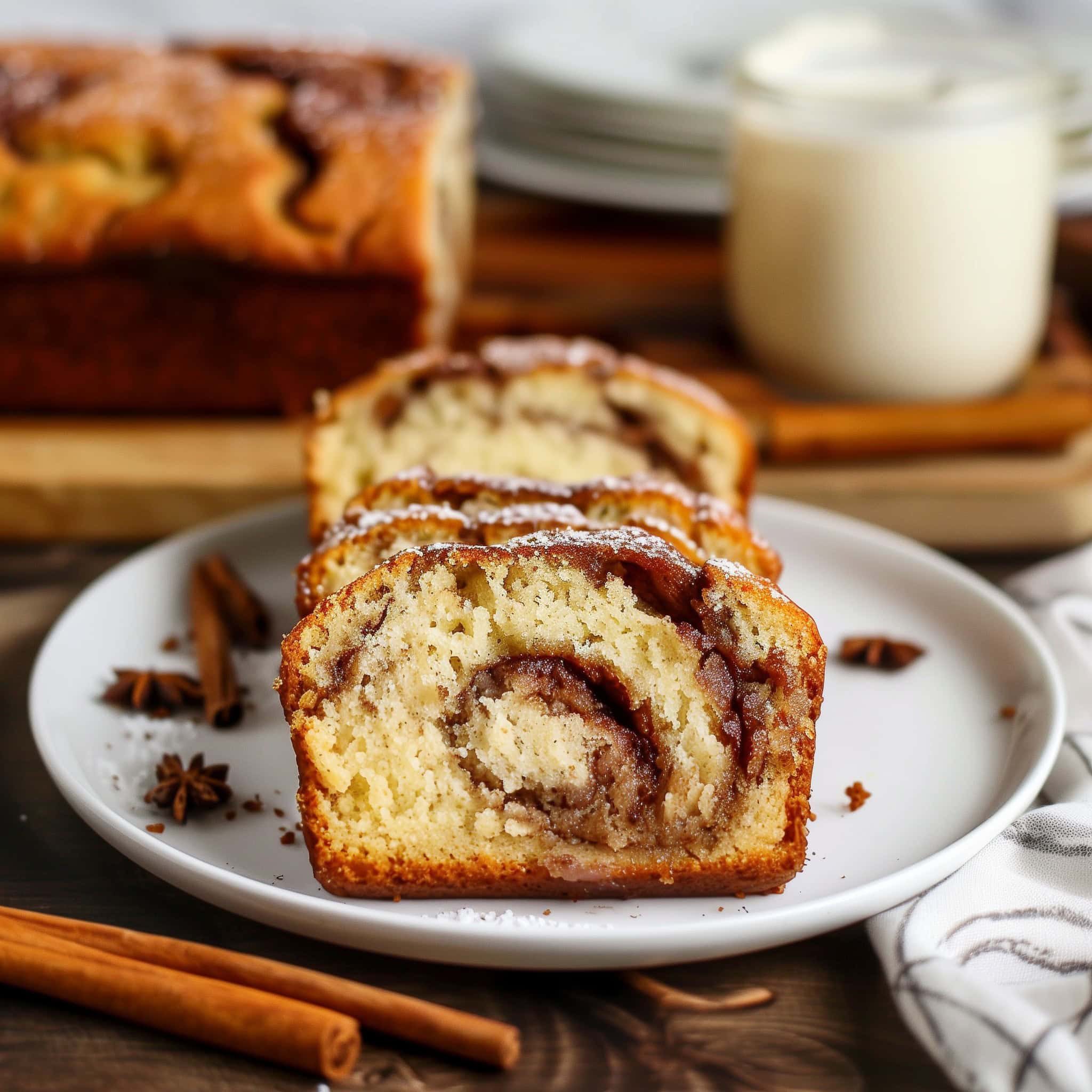 Cinnamon swirl quick bread with loaf and milk in the background.