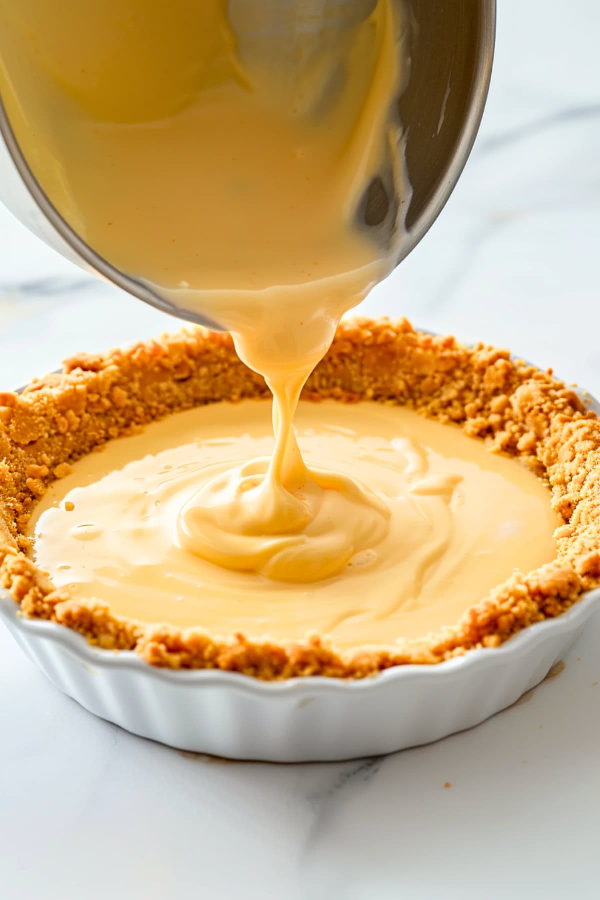 Coconut cream pie filling poured over graham crust on a white baking dish.