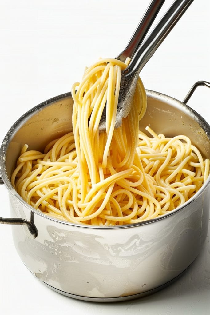A pot of pasta noodles with tongs lifting a portion up