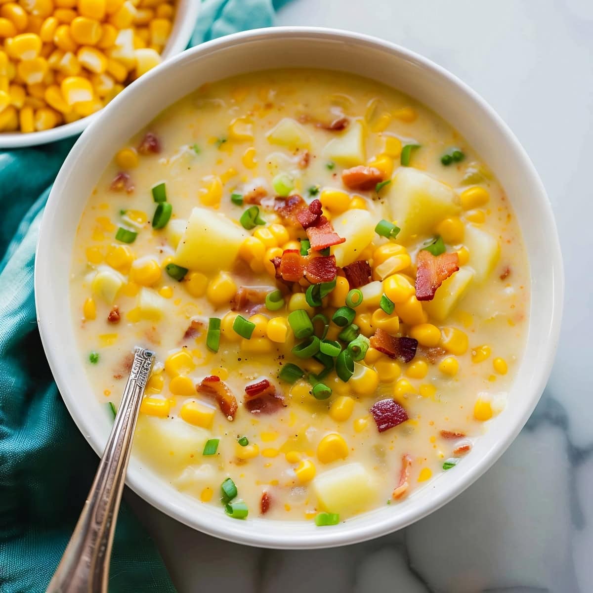 Hearty corn chowder, featuring tender corn kernels and diced potatoes in a rich broth.