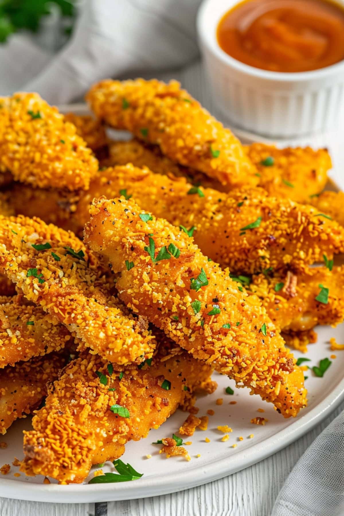 Bunch of baked chicken tenders coated with crushed cornflakes on a white plate.