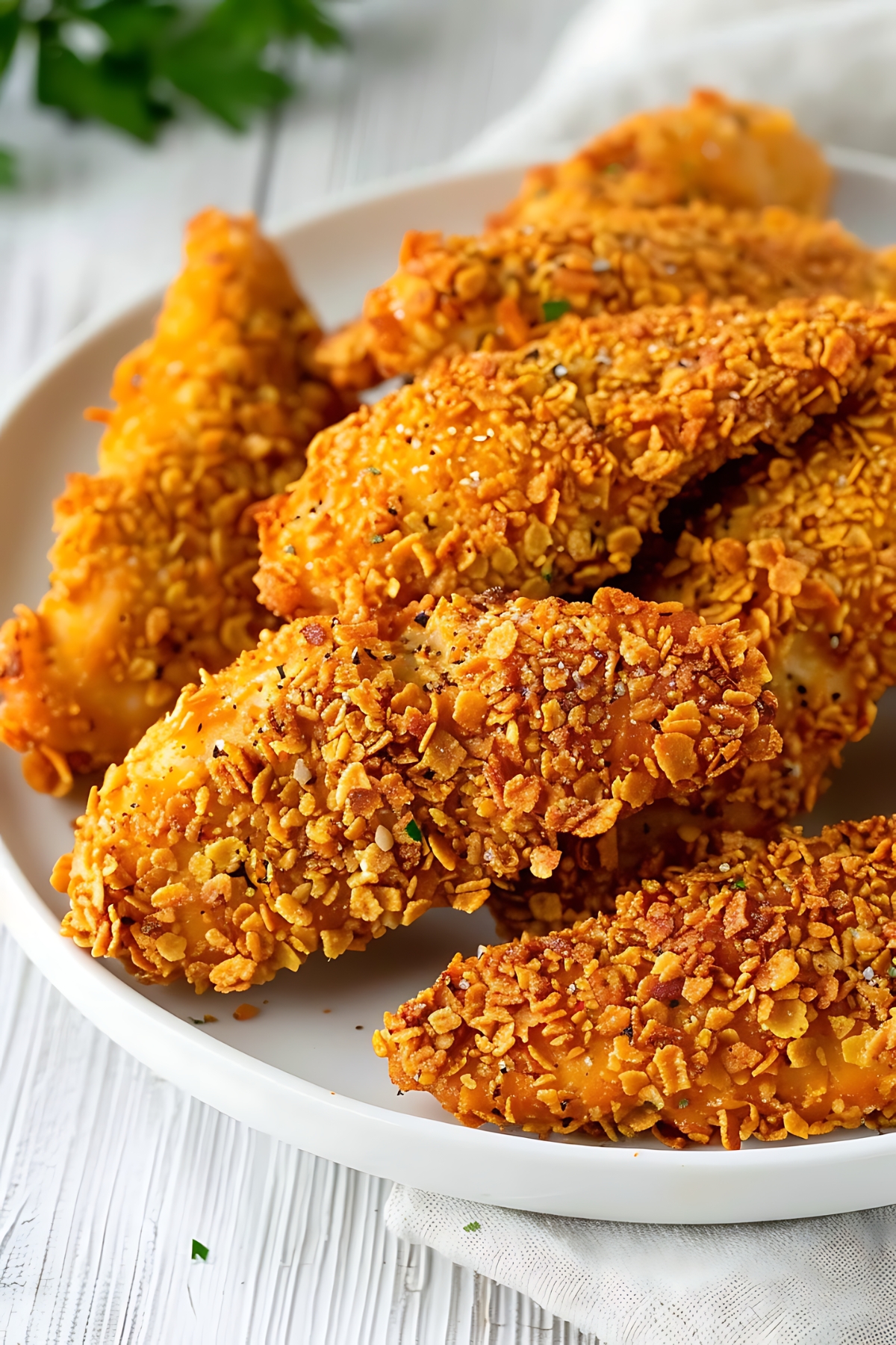Bunch of crushed cornflake coated chicken tenders served on a white plate.