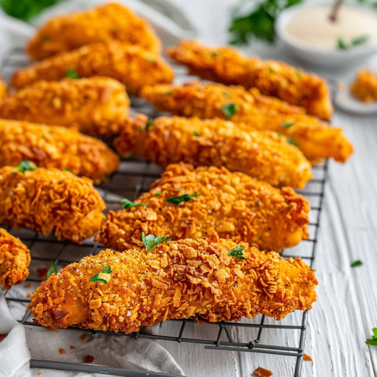 Bunch of cornflake chicken in a cooling rack.