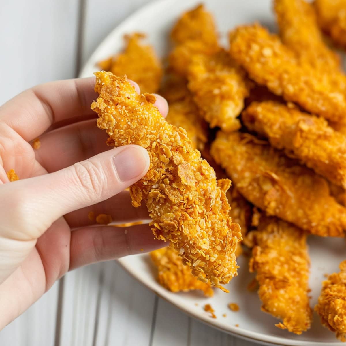 Hand holding a piece of cornflake coated chicken tenders.