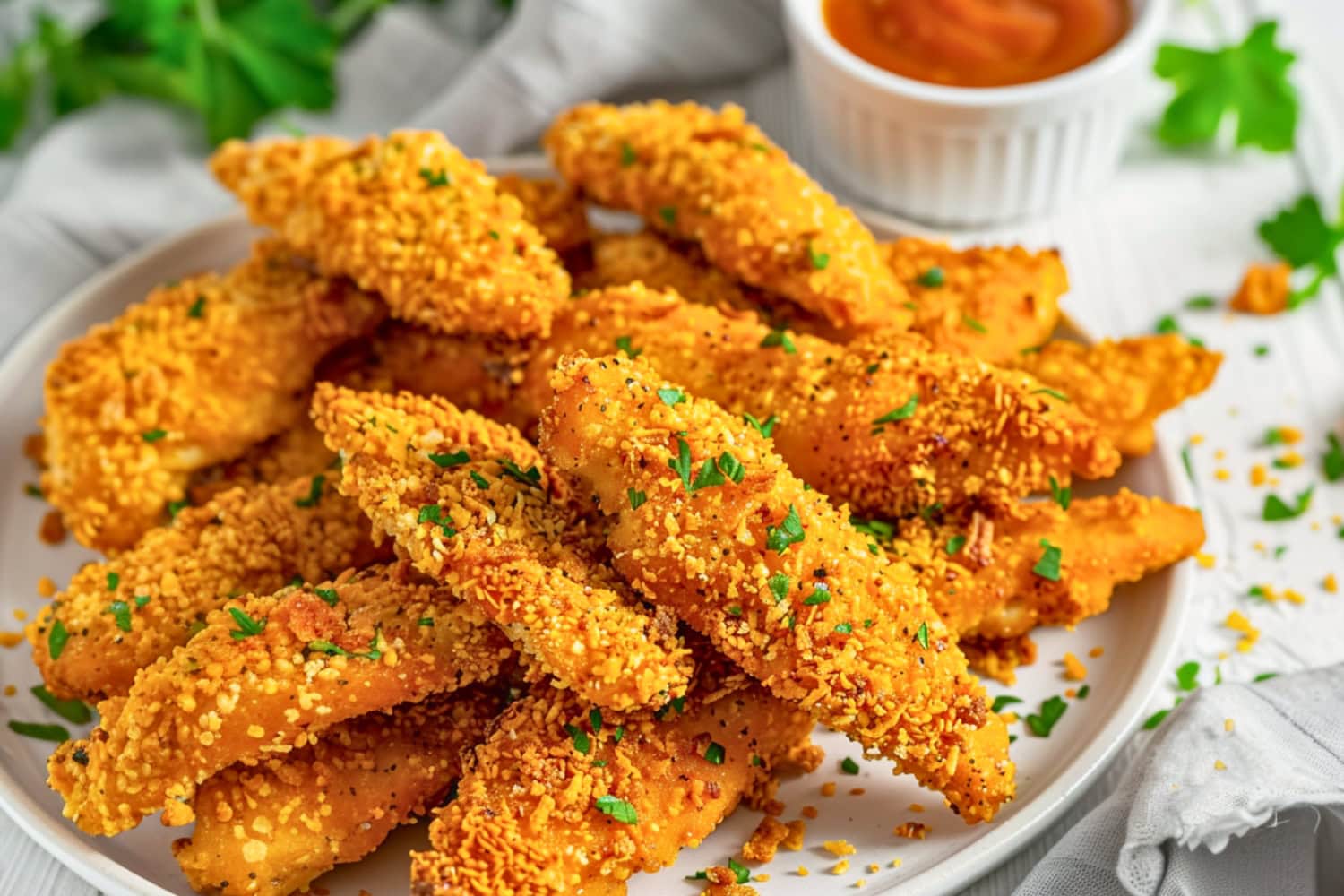 Bunch of chicken tenders coated in cornflakes arranged in a white plate.