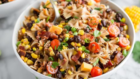 Close-up view of a bowl of cowboy pasta salad.