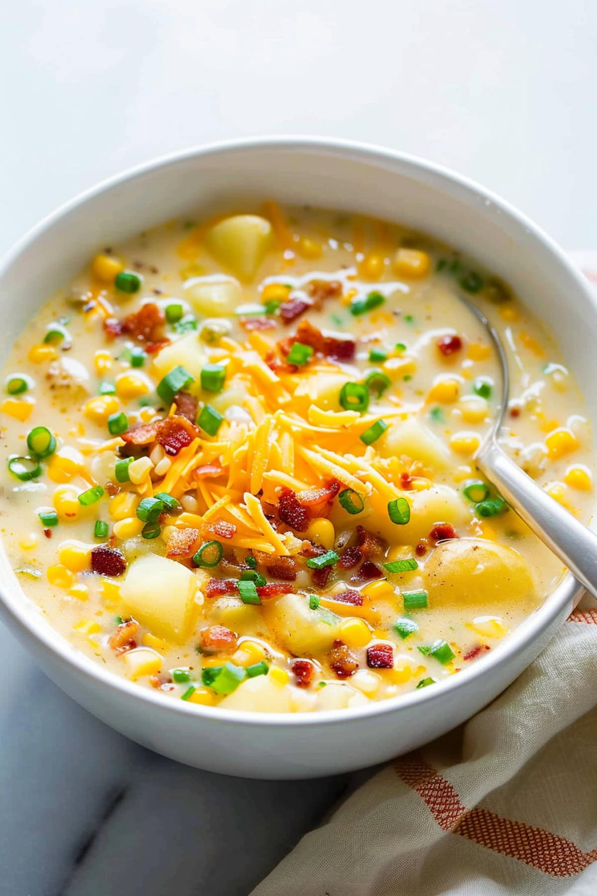 A bowl of corn chowder with cheese, bacon, corn and chopped chives.