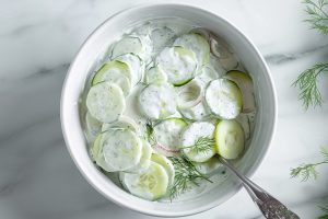 Cucumber salad in creamy white sauce served in a white bowl.