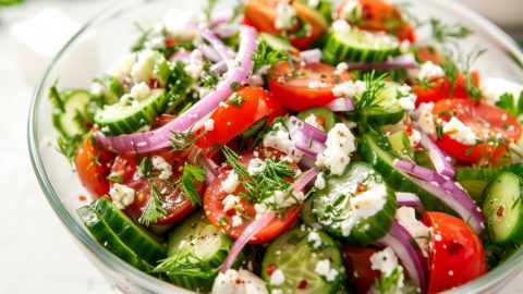 Cucumber tomato feta salad in a large glass bowl.