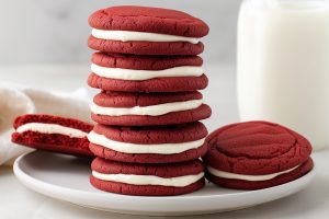 Delicious red velvet sandwich cookies, filled with luscious cream cheese frosting.