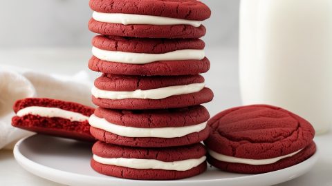 Delicious red velvet sandwich cookies, filled with luscious cream cheese frosting.